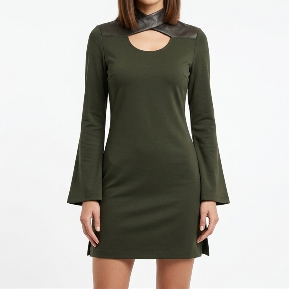 Amelia Women's Olive Green Faux-Leather Criss-cross Neckline Dress Urban Gothic
